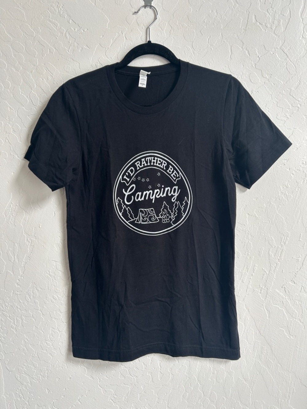 Black short sleeve t-shirt with camping design